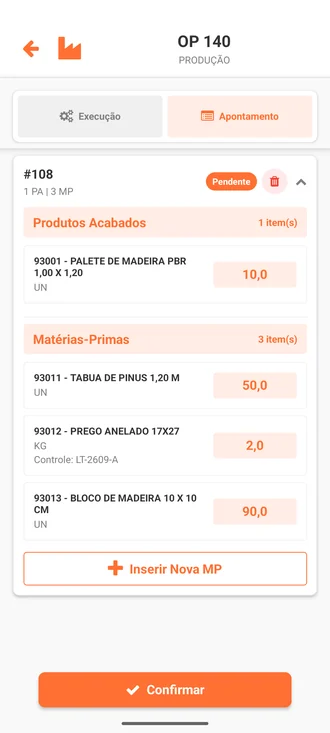 Tela do App Produção com um apontamento gerado: quantidade do produto acabado e das matérias-primas da ordem.