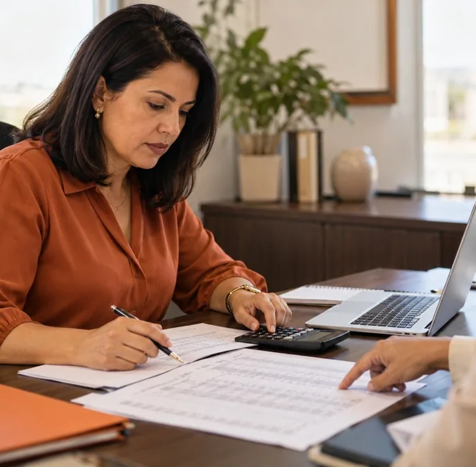 Profissional de contabilidade confere relatórios impressos com calculadora e notebook, ao lado de um colega.