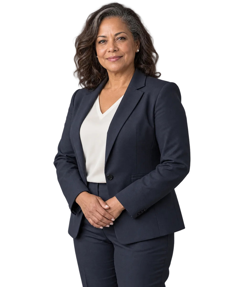 Retrato ilustrativo de uma consultora de contabilidade com blazer escuro e postura confiante.