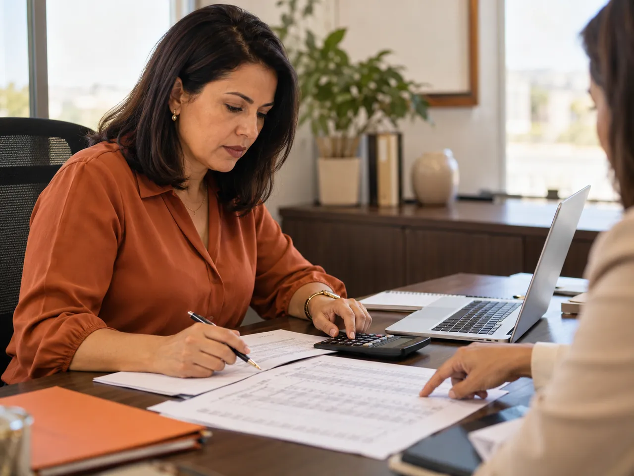 Profissional de contabilidade conferindo documentos e cálculos ao lado de um notebook.