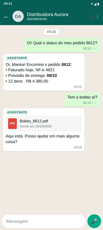 Conversa no WhatsApp: o assistente responde o status do pedido com faturamento, previsão de entrega e valor, e envia o boleto.