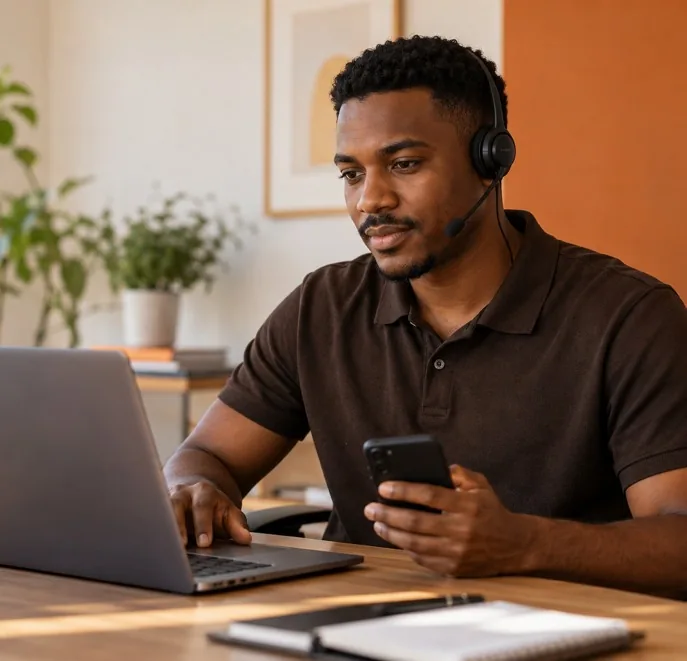 Atendente com fone de ouvido consulta o celular ao lado de um notebook, numa mesa de trabalho.