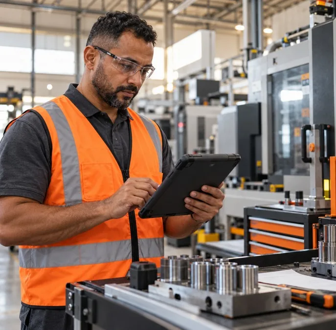 Operador de produção com colete de segurança consulta a ordem em um tablet ao lado da máquina.